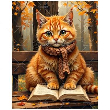Imagem de Kit de pintura de gato de outono por números para adultos - DIY fofo gato malhado laranja com pintura de livro em tela, conjunto de tinta acrílica, adequado para iniciantes, arte para decoração de