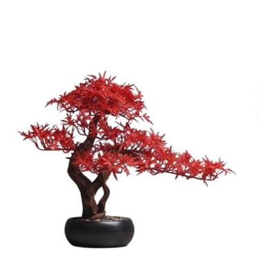 Imagem de Árvore de bonsai artificial simulação de folha de bordo vermelha com vaso redondo arranjo casa sala de estar plantas em vaso desktop árvore bonsai artificial