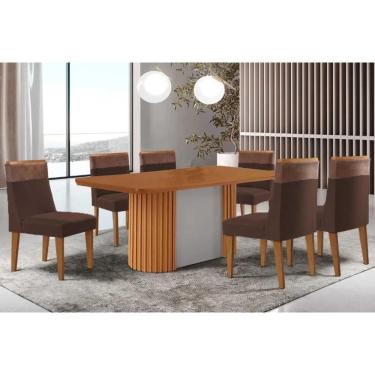 Imagem de Mesa Cozinha Pilar c/ Tampo Madeirado Canto Curvo 180x90cm e 6 Cadeiras Jaspe Madeira Maciça Naturale/Off White - Capuccino/Suede Marrom-Rufato