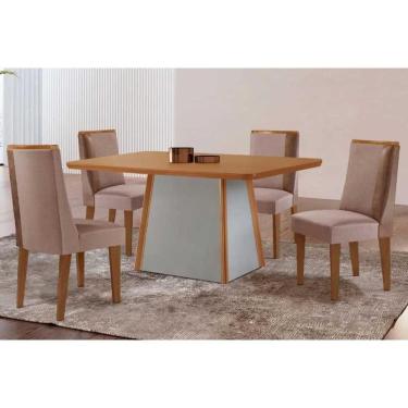 Imagem de Mesa Cozinha Tilia c/ Tampo Madeirado Canto Curvo 120x80cm e 4 Cadeiras Tilia Madeira Maciça Naturale/Off White - Capuccino/Linho Capuccino-Rufato