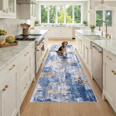 Imagem de RELEANY Tapetes laváveis 8 x 20 cm, modernos, abstratos, macios para sala de estar, entrada, quarto, berçário, padrão estampado, cinza azul ouro/dourado