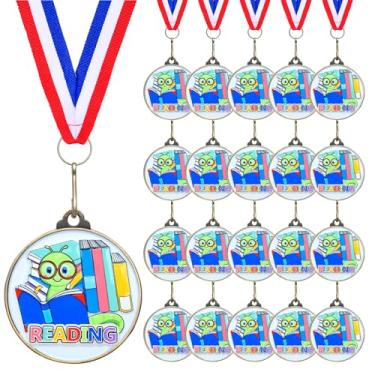 Imagem de Cunno 20 medalhas de leitura a granel 5.1 cm Medalhas de prêmio de leitura de vermes de livro com fita de pescoço Troféu Prêmios Prêmios Presente para Escola Sala de Aula Estudantes Ensino Suprimentos