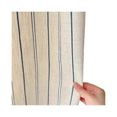 Imagem de Cortina De Linho Listrada Azul E Branca Com Textura Creme Para Sala De