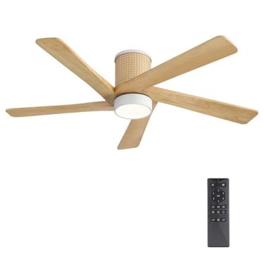 Imagem de WINGBO Ventilador de teto de vime embutido de 137 cm, luz regulável 3CCT, 5 lâminas de madeira esculpida, motor CC reversível de 6 velocidades, ventiladores de teto modernos para uso interno