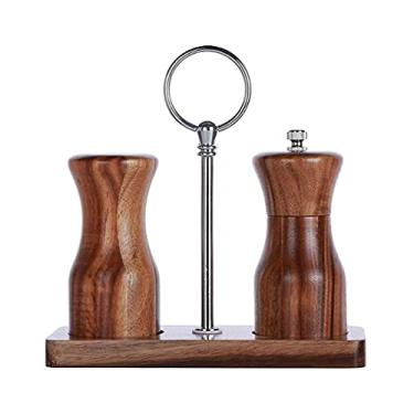 Imagem de Conjunto manual de moedor de sal e pimenta moedor de pimenta grosso de madeira com suporte, moedor de pimenta recarregável, saleiro e pimenteiro