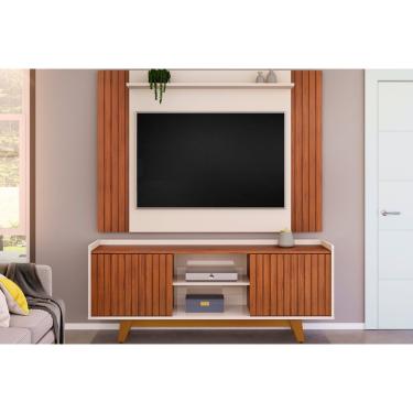Imagem de Home p/ TV até 55 Pol Trend/Flat Ripado c/ Portas e Nichos 150x168cm Freijó/Off White - DJ Móveis