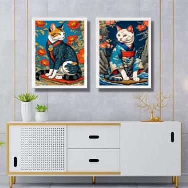 Imagem de Kit 2 Quadros Arte Oriental - Gatos Kimono 24X18Cm - Vidro