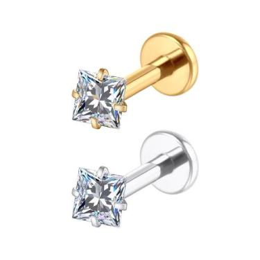 Imagem de Piercing Zircônia Quadrada Sem Rosca Aço Cirúrgico Ouro PVD Cor:Dourad