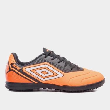 Imagem de Chuteira Society Umbro Attak III Unissex, Laranja, Preto, 42