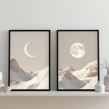 Imagem de Kit 2 Quadr Lua Boho Branco Cinza 33x24cm Mold Preta Vidro