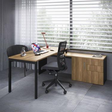 Imagem de Mesa Para Escritório Em L Com Balcão 1 Porta 3 Gavetas Idea A03 Nogal Sevilha Preto - L...