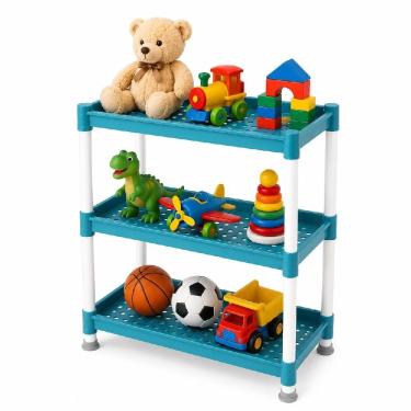 Imagem de Estante Organizadora Multiuso Infantil Tripla Nicho 3 Andares Brinquedos Livros Roupa Sapato Cesto Vazado Azul e Branco