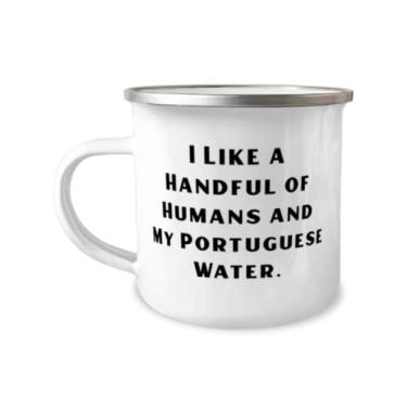 Imagem de Novos presentes de cachorro aquático português, I Like a Handful of Humans and My Portuguese Water, Fancy Christmas 355 ml Caneca de acampamento Presentes para amantes de cães