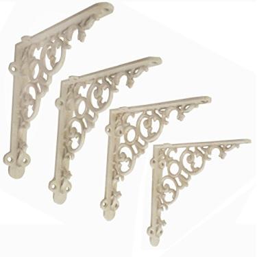 Imagem de NACH Suportes de prateleira decorativos, pacote com 4 unidades de 15 x 3,3 x 15 cm, suporte de prateleira de ferro fundido branco antigo - Suportes de prateleira de metal para parede - Suporte de