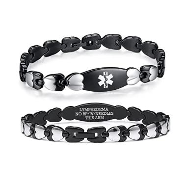 Imagem de Bracelete feminino de identificação médica de coração duplo linnalove com pulseira de aço inoxidável de 19 cm com pré-gravação 7.5 inches