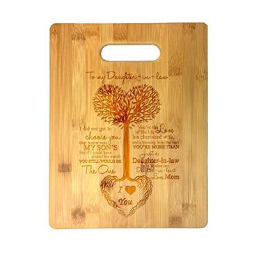 Imagem de Tábua de corte de bambu gravada a laser To My Daughter-in-aw, coração, arco-íris, doces frases Dia das Mães - Casamento, boas-vindas, aniversário, Natal, presente