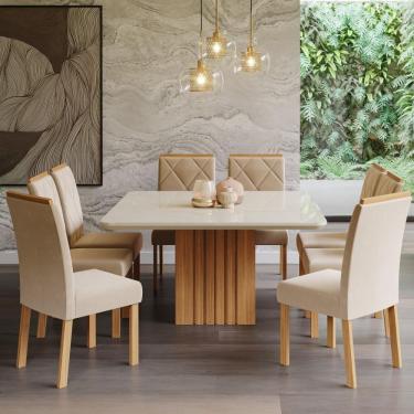 Imagem de Kit Conjunto Sala de Jantar Mesa Quadrada 130 cm com 8 Cadeiras Fernanda Cozinha Madeira Branco Nude