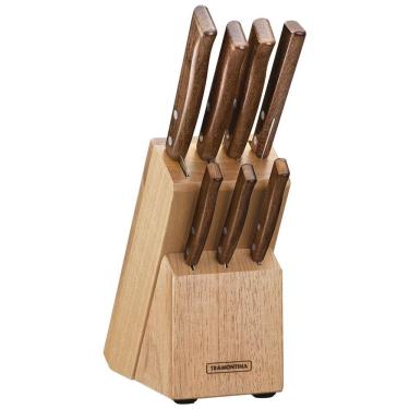 Imagem de Jogo de Facas Tramontina Tradicional Lâminas Aço Inox e Cabos em Madeira Natural com Suporte 8 Peças Tramontina