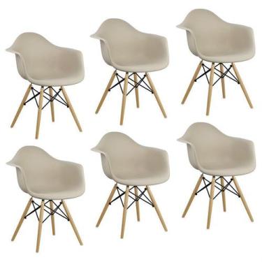 Imagem de Kit 6 Cadeiras Charles Eames Eiffel Design Wood Com Braços - Bege - Ma