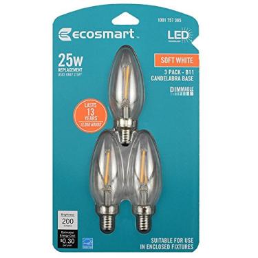 Imagem de EcoSmart Lâmpada de LED estilo vintage com filamento transparente regulável base B11 E12 equivalente a 25 watts, branco macio (embalagem com 3)