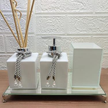 Imagem de Jogo Para Banheiro Kit Para Lavabo Porta Sabonete Líquido Difusor Com Bandeja Espelhada Porta Escova Pincel-Branco e Prata-Luiggi Presentes®