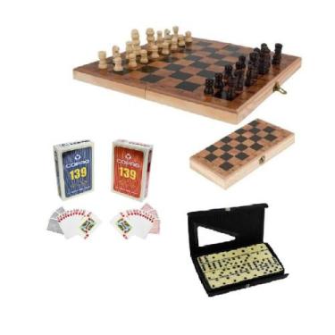 Jogo Dama + Trilha E Dominó Kit De Madeira - R$ 59,89