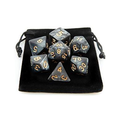 Imagem de Kit 7 Dados RPG de Mesa D&D Opaco Perolado D4 D6 D8 D10 D10% D12 D20 Cor PRETO ROYAL + 1 Bolsa