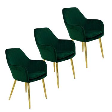Imagem de Kit 3 Cadeiras Poltrona Lines Base Dourada Recepção Sala Decorativa Suede - Verde