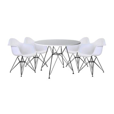 Imagem de Mesa de Jantar Redonda Eames Eiffel 90cm Branca com 4 Poltronas Brancas Ferro Preto