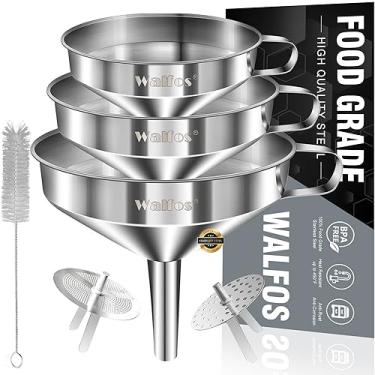 Imagem de Funil de aço inoxidável, pacote com 3 funis de cozinha Walfos com 2 coadores removíveis e 1 escova de limpeza, perfeito para transferência de líquidos, óleos, geleia, ingredientes secos e pó