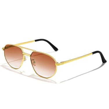 Imagem de Óculos de sol retrô masculino feminino polígono metal óculos de sol UV400, C02 chá dourado, tamanho único