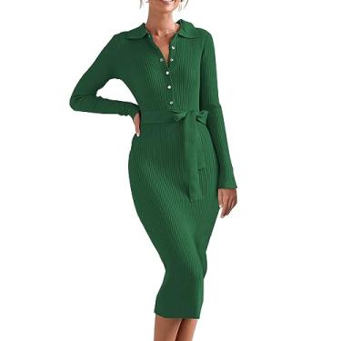 Imagem de Vestido feminino de outono e inverno novo slim fit com nervuras manga comprida vestido de malha plus size, Verde, XX-Large