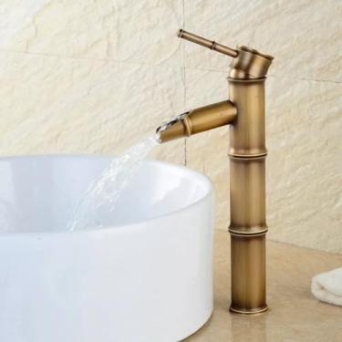 Imagem de Torneira Retro Bambu Para Banheiro Luxo Vintage Cuba Bica Alta Misturador Monocomando Bica Cascata + Kit Instalação