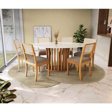 Imagem de conjunto de mesa de jantar oval com tampo de vidro off white e 6 cadeiras premium veludo marrom claro e carvalho