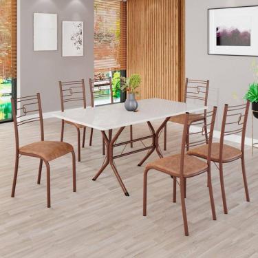 Imagem de Conjunto Sala de Jantar Mesa Retangular 140x75cm Tampo Madeira Mdp Off White 6 Cadeiras Paraty C. Marrom / Marrom