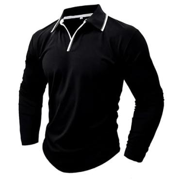 Imagem de Camiseta polo outono e inverno nova gola V cor sólida camisa polo para homens comércio exterior manga longa, Preto, GG