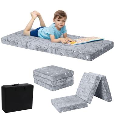 Imagem de MeMoreCool Colchão de chão dobrável de dinossauro brilhante para crianças, tapete de cochilo com três dobras para crianças, futon portátil para dormir ou cama de chão, 143 x 55 cm