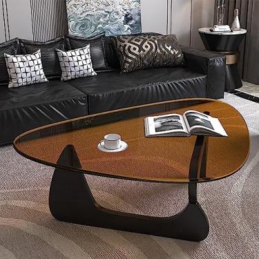 Imagem de Mesa de centro pequena de vidro oval moderna triangular mesa de centro vintage de meados do século para sala de estar, mesa de café minimalista central preta, base de madeira maciça e topo de vidro