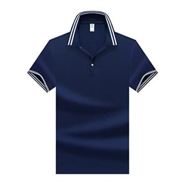 Imagem de Polos masculinos de algodão, cor sólida, gola listrada, camiseta de tênis, absorção de umidade, seco, leve, ajuste regular, slim fit, esporte (Color : Blue, Size : M)