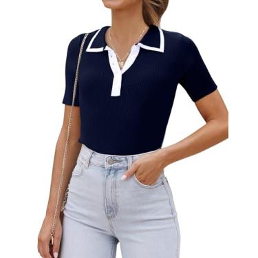 Imagem de luvamia Blusas femininas elegantes de malha casual na moda verão manga curta color block camisa polo abotoada, Azul marinho, GG