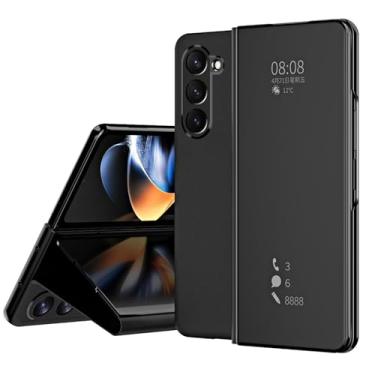 Imagem de POYUFRG Capa flip para Samsung Galaxy Z Fold 6, Smart Clear View Makeup Mirror Plating Hard PC Kickstand Slim Leather Capa protetora de corpo inteiro, preta