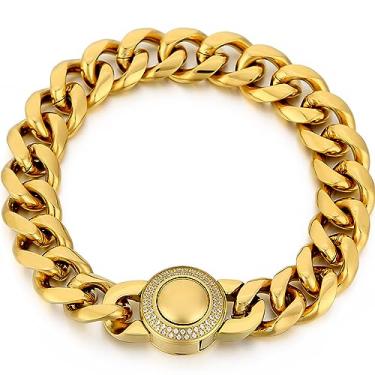 Imagem de Azubpi Pulseira masculina Miami Cuban Link de 13 mm – Pulseira de elos de aço inoxidável resistente de ouro 18K / prata para pai, namorado, marido, joias hip hop, L 码（大码）, Metal, Sem Pedra Preciosa