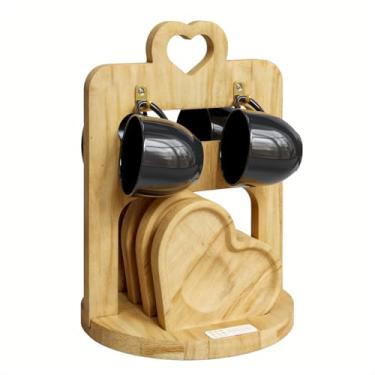 Imagem de Jogo Xicara Café Preta Porcelana com Pires e Suporte Madeira - Mundo da Porcelana