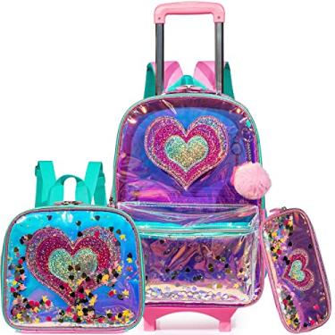 Imagem de Inprof 3 peças de mochila com rodinhas para meninas, mochila com rodas, conjunto de lancheira, mala infantil para meninas, Roxo com lantejoulas