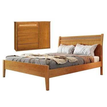 Imagem de Conjunto Quarto de Casal Cama Madeira Maciça Rattan 140cm e Cômoda Rattan 5 Gavetas com Sapateira Amêndoa Mel