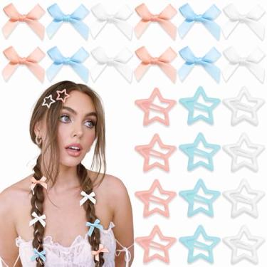 Imagem de YAEISM 24 peças grampos de cabelo com laço 3 cores estrela presilhas de cabelo pêssego rosa laços estrela branca clipes de pressão azul mini laços de cabelo acessórios de cabelo Y2K para meninas