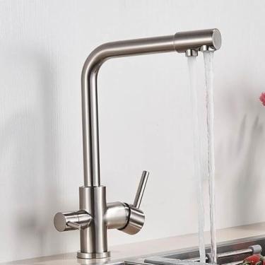 Imagem de Torneira de cozinha com filtro de níquel escovado, torneira de cozinha para água potável, montada no deck, alças duplas, misturador de água quente e fria de 3 vias, níquel escovado