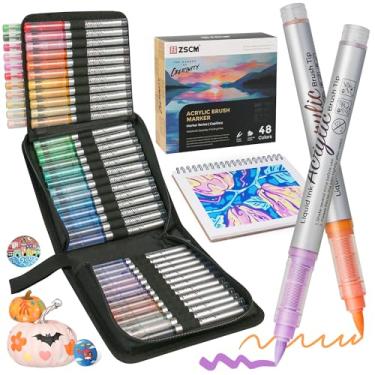 Imagem de Marcadores de tinta acrílica líquida direta, kit de caneta pincel acrílica de 48 cores, sistema de tinta livre à base de água, marcador artístico para adultos, pintura de pedras, fatias de madeira,