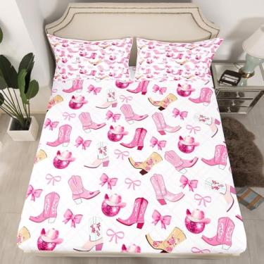 Imagem de Jogo de cama Queen Cowgirl, com laço de princesa, botas de caubói, bola de discoteca, decoração de quarto de meninas e mulheres, lençol de cama de patchwork geométrico, rosa e branco, 2 fronhas (sem