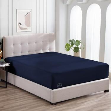 Imagem de HSK BEDDING Lençol King Size – 100% algodão egípcio 800 fios com bolso profundo, tamanho 40 cm, azul marinho, lençol com elástico, extra macio, sem rugas e lençol de algodão